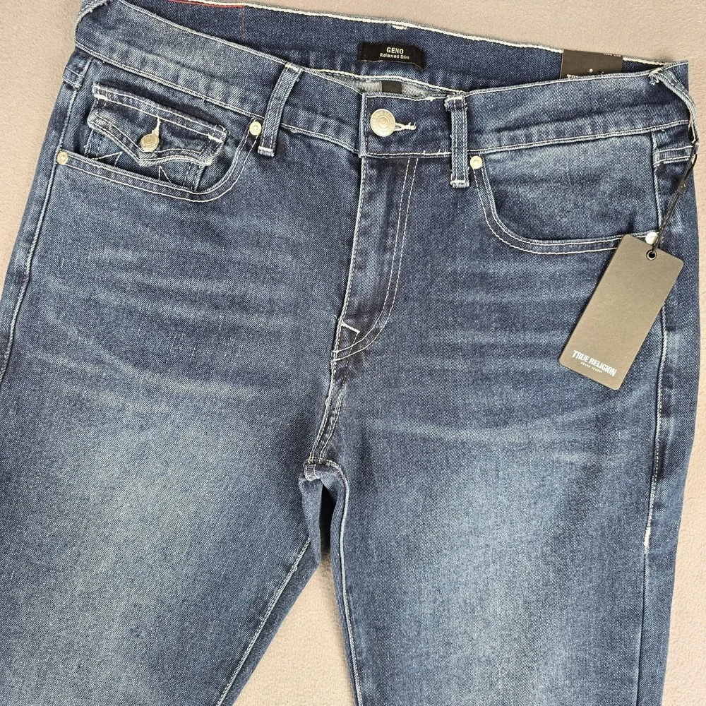 True Religion Geno SN Flap Jeans Mens 34x31 Blue Relaxed Slim Dark Stretch Denim
